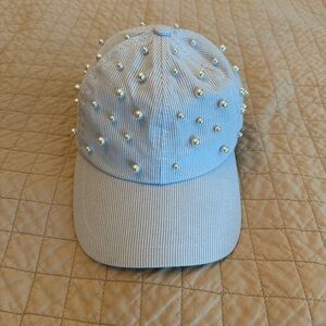 Lele Sadoughi seersucker baseball cap with pearls